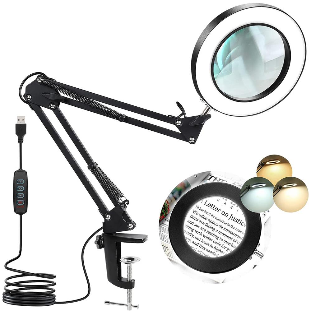 8x Magnifying Glass Glass Swing Arm Flexible Clip-On Desk Lamp Dimmable 3 Color Mode Lamp