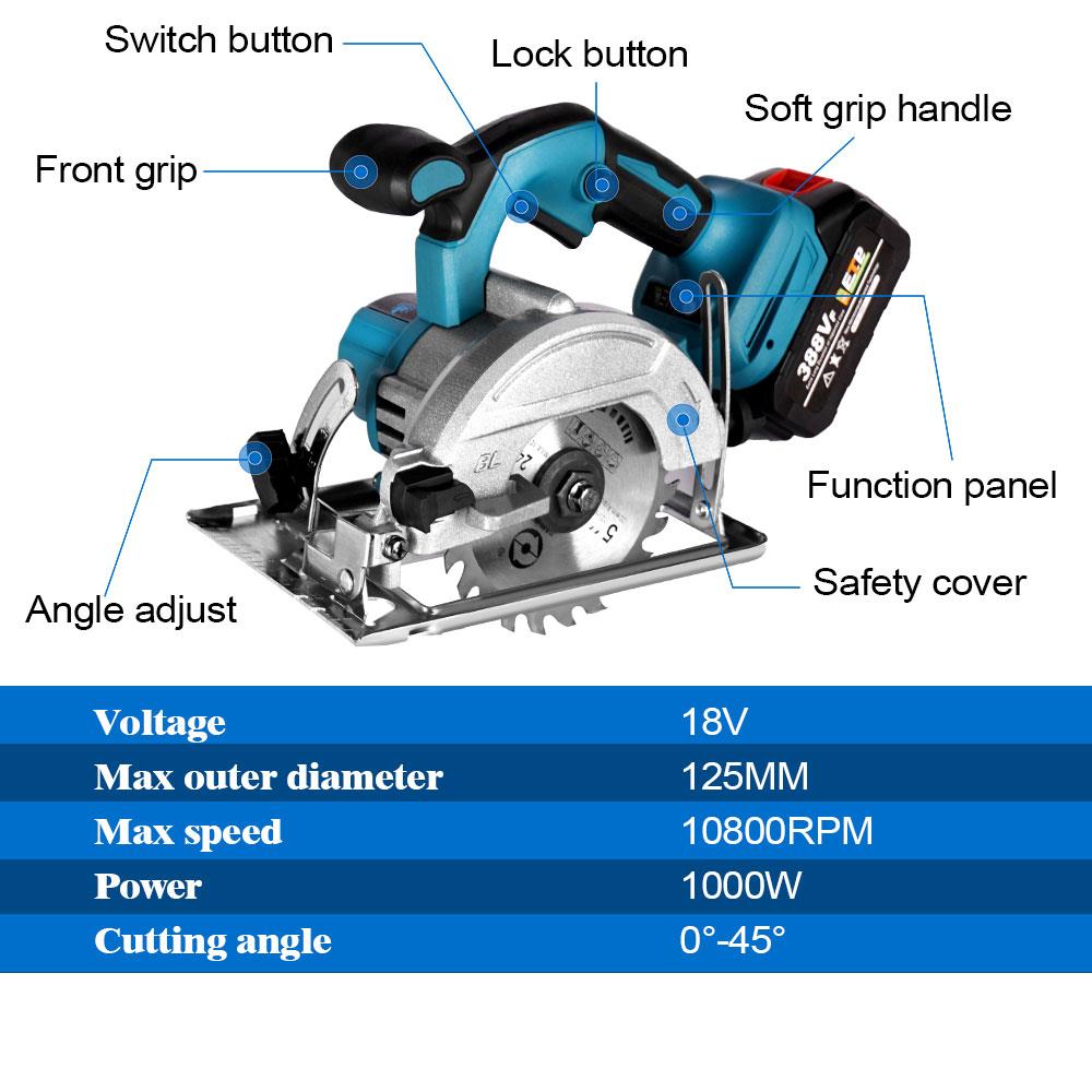 5 Inch 125mm Mini Electric Circular Saw Cordless 0-45° Adjustable for Makita 18V Battery