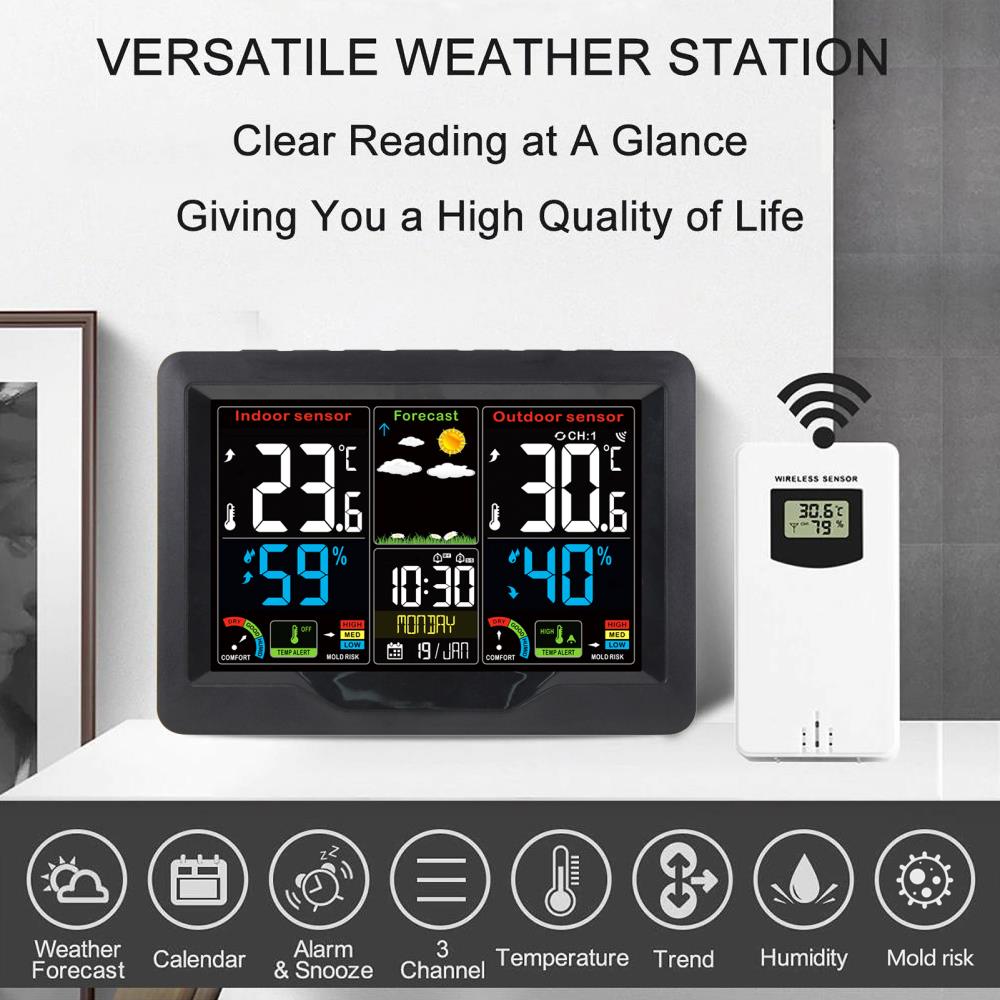 Digital weather station clock indoor and outdoor temperature and humidity meter wireless electronic